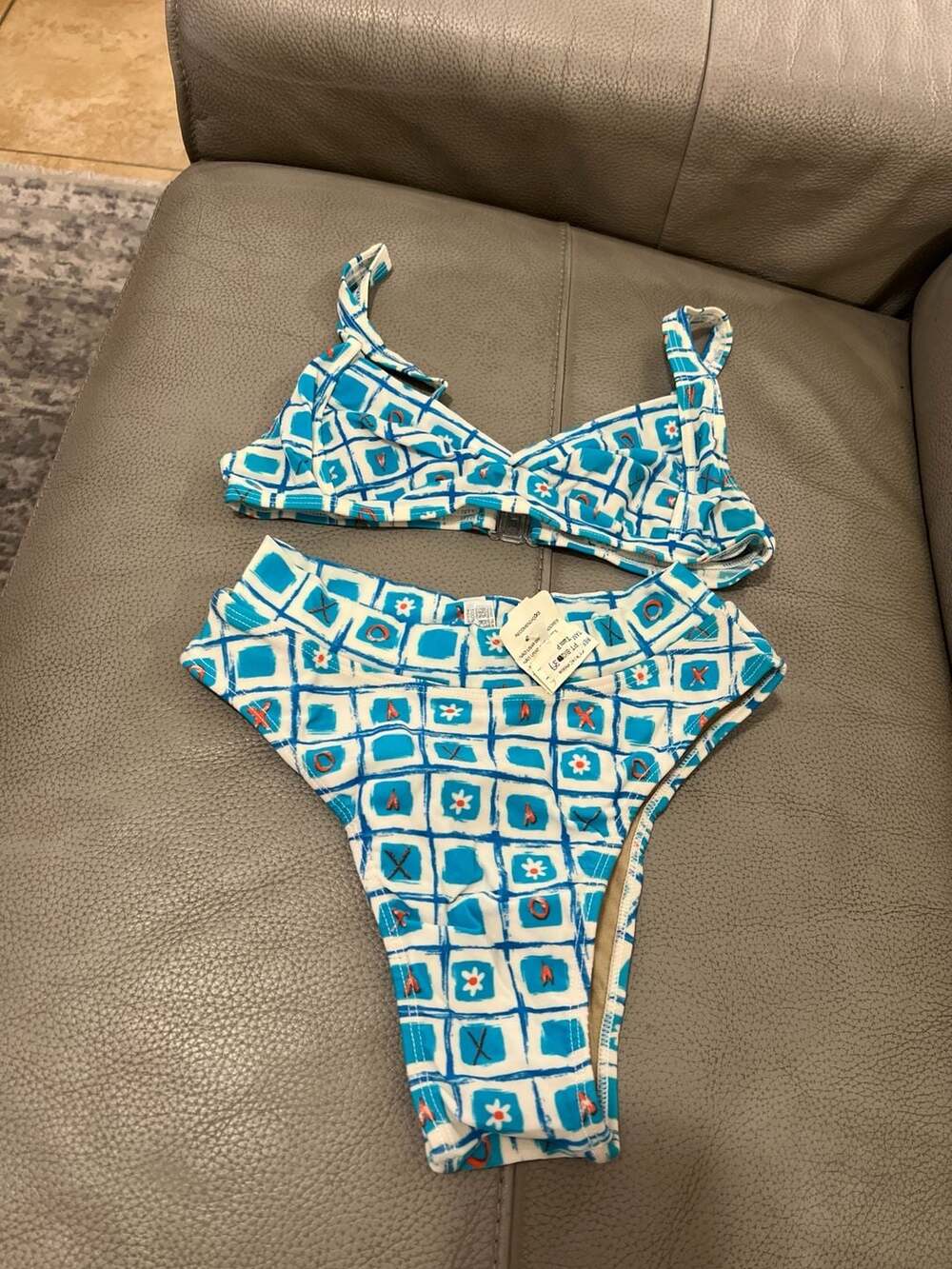 Vintage Pontal & CIA Blue Geometric Floral High Waisted Bikini  Small Brazilian